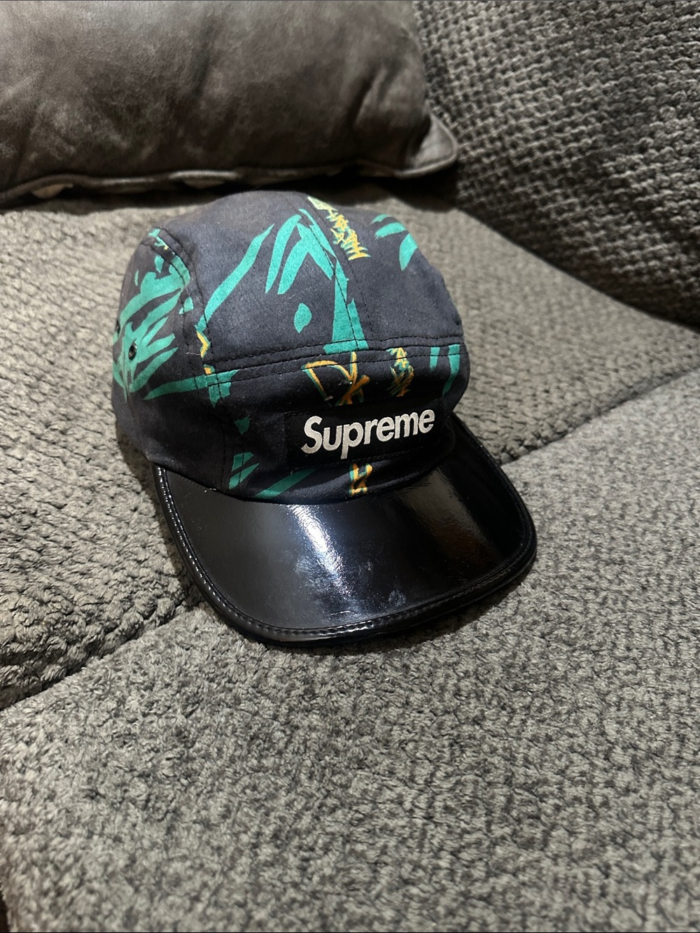 Supreme Deadstock Black Hat with Green and Yellow Pattern 5-Panel